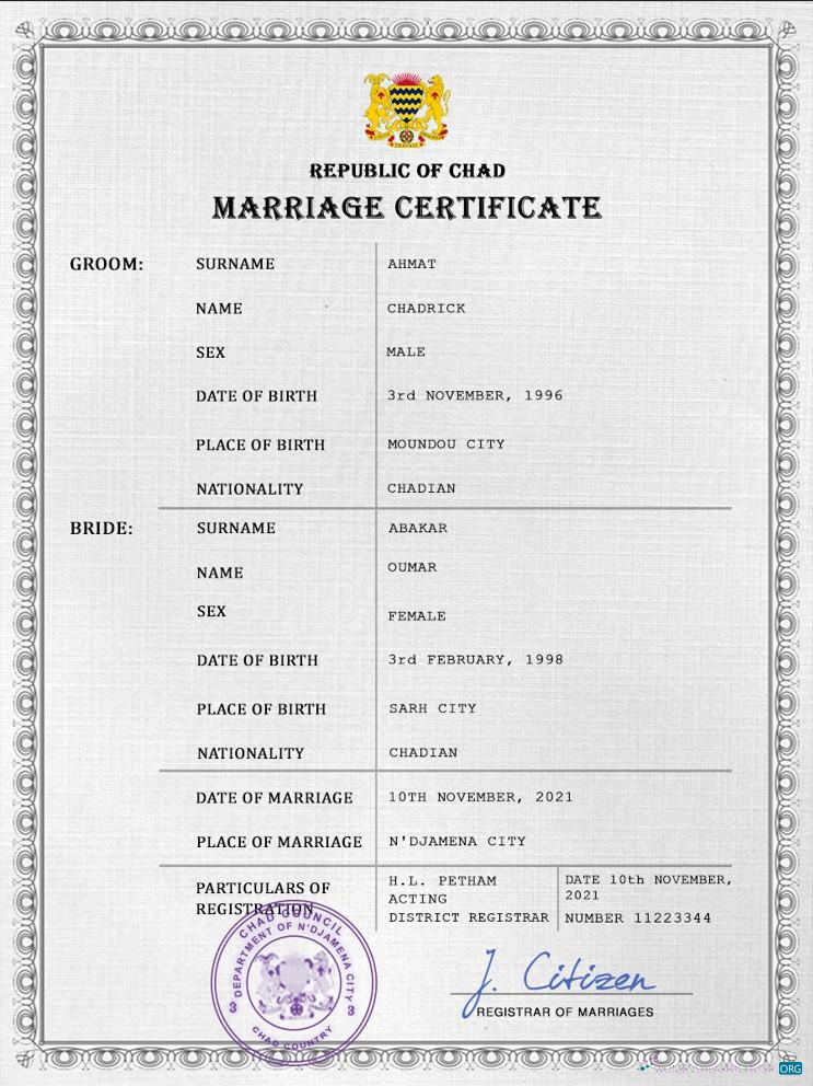 Download Chad marriage certificate PSD template Photoshop template